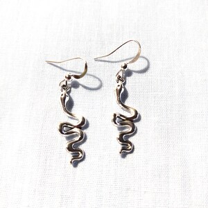 May include: A pair of silver snake earrings with a dangling design. The earrings have a simple hook closure.