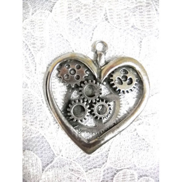 Sale Large Love STEAMPUNK Revolution Art Shaped HEART with Gears & Cogs Solid USA Cast Pewter Pendant on Adjustable String Necklace