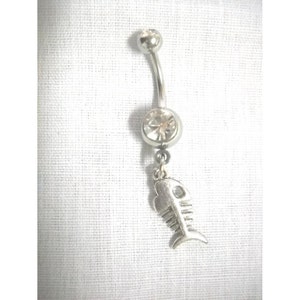 Wild Jungle River Killer PIRHANA Fish Skeleton Bones Double Sided Surfer Charm On Dazzling Double Clear CZ Gem 14g Belly Ring Navel Jewelry