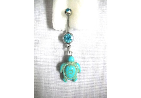 Honu SEA TURTLE Blue Turquoise Gemstone Ocean Life Charm 14g Dazzling Turquoise Blue CZ Belly Ring Navel Barbell