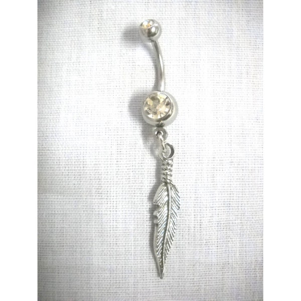 Cast Pewter Simple & Elegant BIRD FEATHER Dangling Charm On Dazzling Double Clear CZ Gem 14g Belly Ring Navel Bar Body Jewelry Bird Lovers