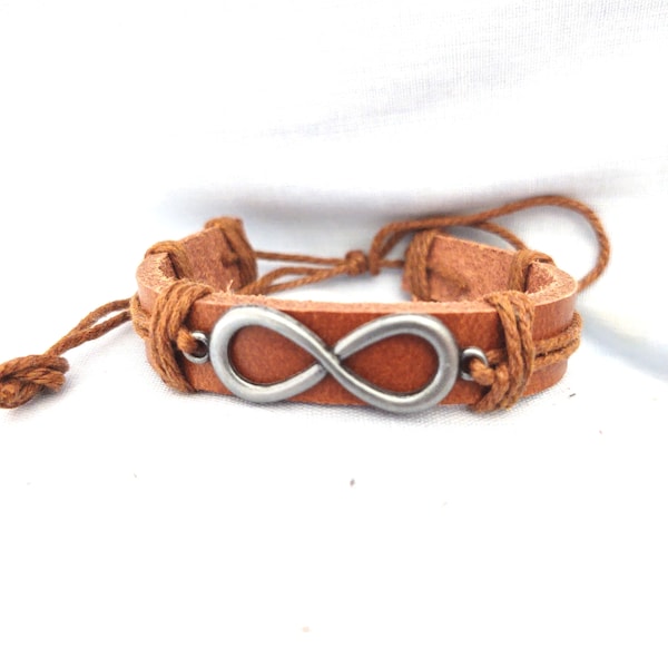 LIGHT BROWN Leather Figure 8 Infinity Pendant and Cotton Adjustable Slide Cord Adjustable Slide Bracelet