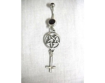 Evil Satanic OCCULT Ritual PENTAGRAM Star & INVERTED Cross Pewter Charms On Dazzling Double Black cz 14g Belly Ring Navel Barbell Jewelry