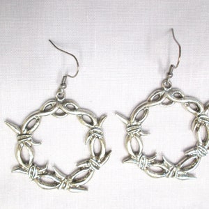 Barbed Wire / Barb Wire / Barbwire Flat Round Hoop Large 2 3/4 Pewter Full Pendant Size Dangling to 3 1/4 inches Earrings