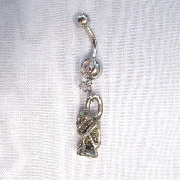 Full Body Medieval GARGOYLE Cast Pewter Charm On Dazzling Double Clear CZ Gem 14g Belly Ring Navel Barbell