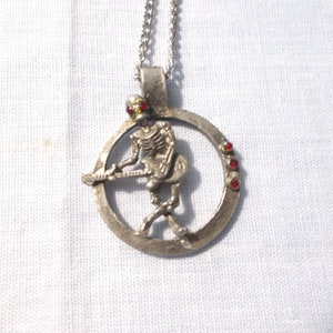 Human SKELETON Guitarist with Red Crystal Accents Play It Loud Metal Pewter Pendant on 24&quot; Steel Chain Necklace