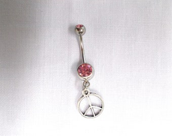 Hippie PEACE Sign Alloy Charm On Dazzling Double PINK CZ Gem 14g Belly Ring Navel Barbell