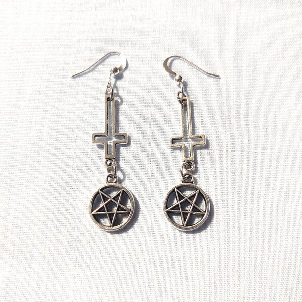 Occult Inverted Cross and PENTAGRAM Star Evil Satanic Charms Alchemist Ritual Double Dangling Charm Pair of Earrings