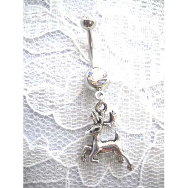 Country Woods Whitetail 8 Point BUCK Jumping Deer 3D Wildlife Animal Charm On Dazzling Double Clear CZ 14g Belly Button Ring Navel Jewelry