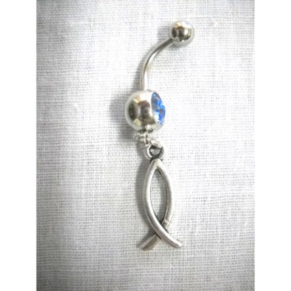 JESUS Fish Religious ICHTHYS The Way Agape Charm On Dazzling Baby Blue CZ 14g Belly Ring Navel Barbell Body Religion Jewelry Piercing