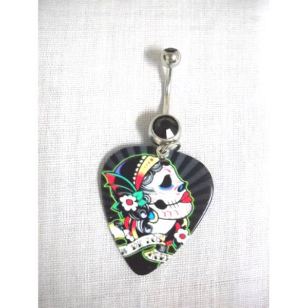 Day Of The Dead SUGAR SKULL Girl Profile Hand Painted Look Design Printed Guitar Pick on Dazzling Double Black 14g CZ Belly Ring Navel Bar