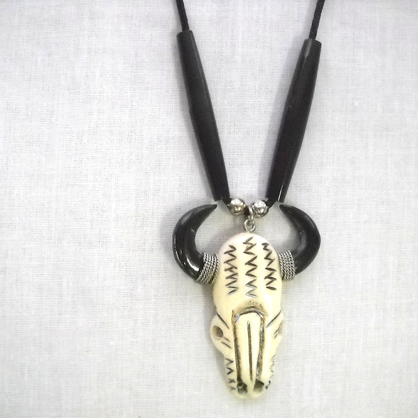 New Hand Carved Ivory White Color BUFFALO SKULL Head with Black and Wire Wrap Details Hair Pipe Bead Accents Adj Necklace