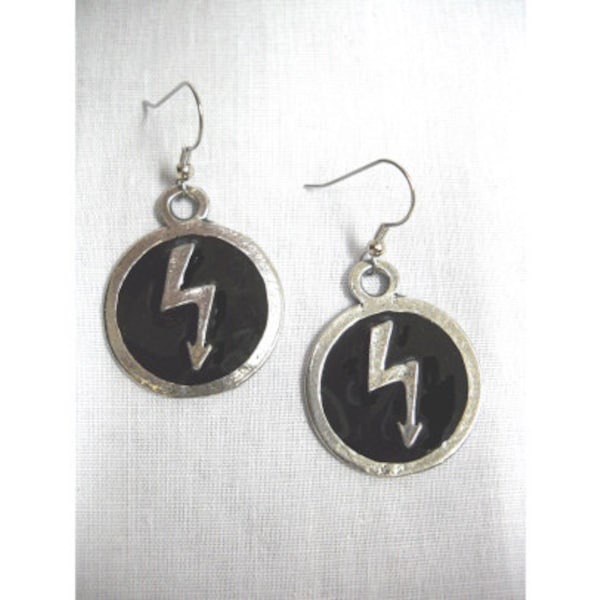 Heavy Metal Shock Rocker MARILYN MANSON Lightning Bolt with Black Inlay Round Shaped Hand Cast Silver Pewter Full Pendant Size Earrings