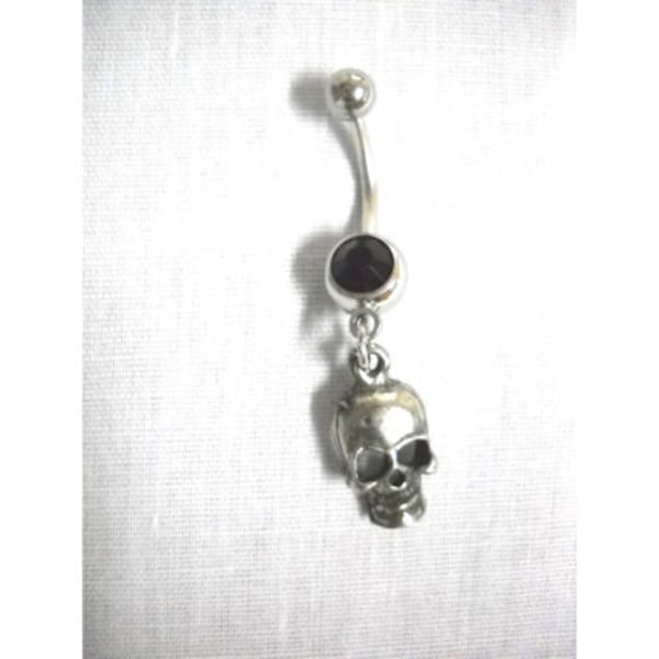 Gothic EVIL SKULL Human Cranium Silver Color usa Pewter Dangling Charm On Dazzling Black Gem CZ 14g Belly Ring Navel Piercing Jewelry