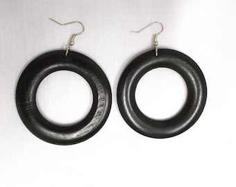 Boho Black Wooden Hoop Earrings: Large Donut Dangle Earrings