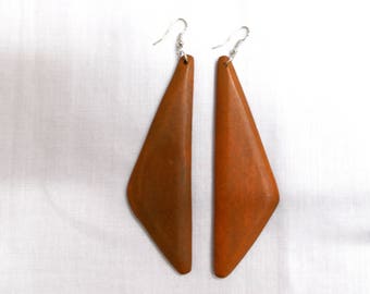 Bohemian Big Large Size MEDIUM Tone BROWN Obtuse Geo Triangle Shape Wooden Stained Rustic Dangling Wood Drop Fashion Style Earrings