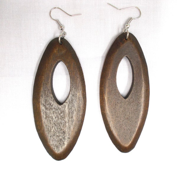 Boho Bold Large Size DARK BROWN Wooden Marquis Peek A Boo Hole Hand Stained Dangling Real Wood Flat Hoop Fashion Earrings
