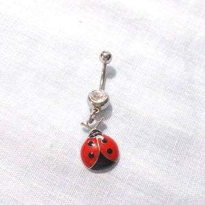 Enamel LADYBUG Red and Black Colors Good Luck Insect Charm On Dazzling Double Clear Gem CZ 14g Belly Ring Navel Piercing Jewelry