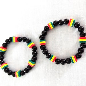 Set of 2 Bright RASTA Color SQUARE Acrylic Beads in Red Green & Yellow and Black Round Spacers Reggae Fashion Bracelet 6-7 Inch Stretch