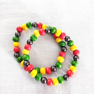 2 RASTA Color Wood Beads in Red Green and Yellow and Gray Hematite Round Spacers Reggae Fashion Bracelet 7 Inch Stretch +