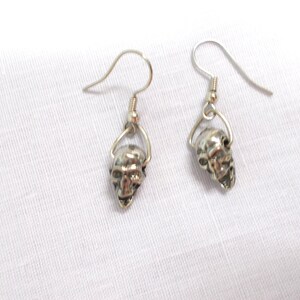 May include: A pair of silver skull dangle earrings. The earrings have a simple hook design and feature a small, detailed skull charm.