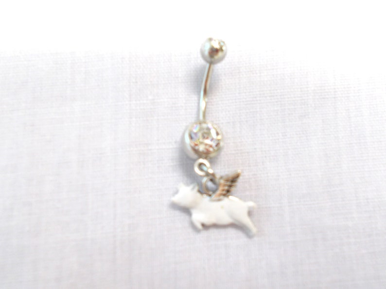 Fun BRIGHT WHITE Enamel Flying Pig Charm Animal Dangling Silver Alloy Charm On Dazzling Clear CZ Gem 14g Belly Ring Navel Barbell