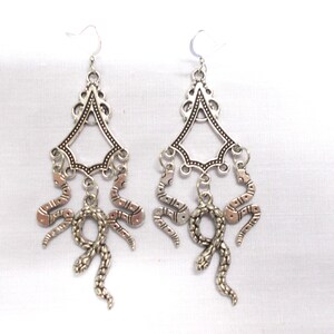 Long SNAKES and SERPENTS Slithering Gothic Silver Alloy Charms Dangling Chandelier Pair of Earrings