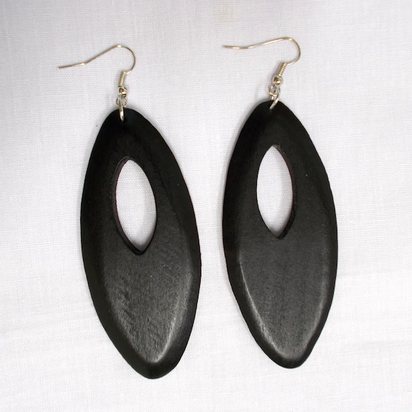 Boho Bold Large Size BLACK Wooden Marquis Peek A Boo Hole Hand Stained Dangling Real Wood Flat Hoop Fashion Earrings