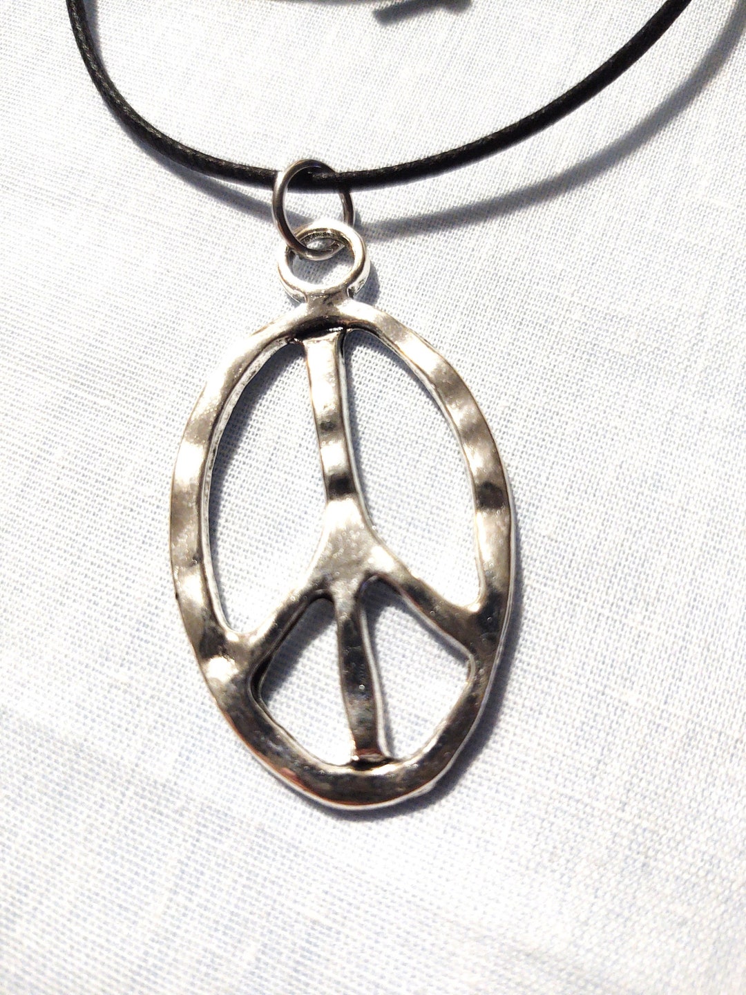 Peace Sign Hammered Look Hippie Large Alloy Pendant Adj Cord