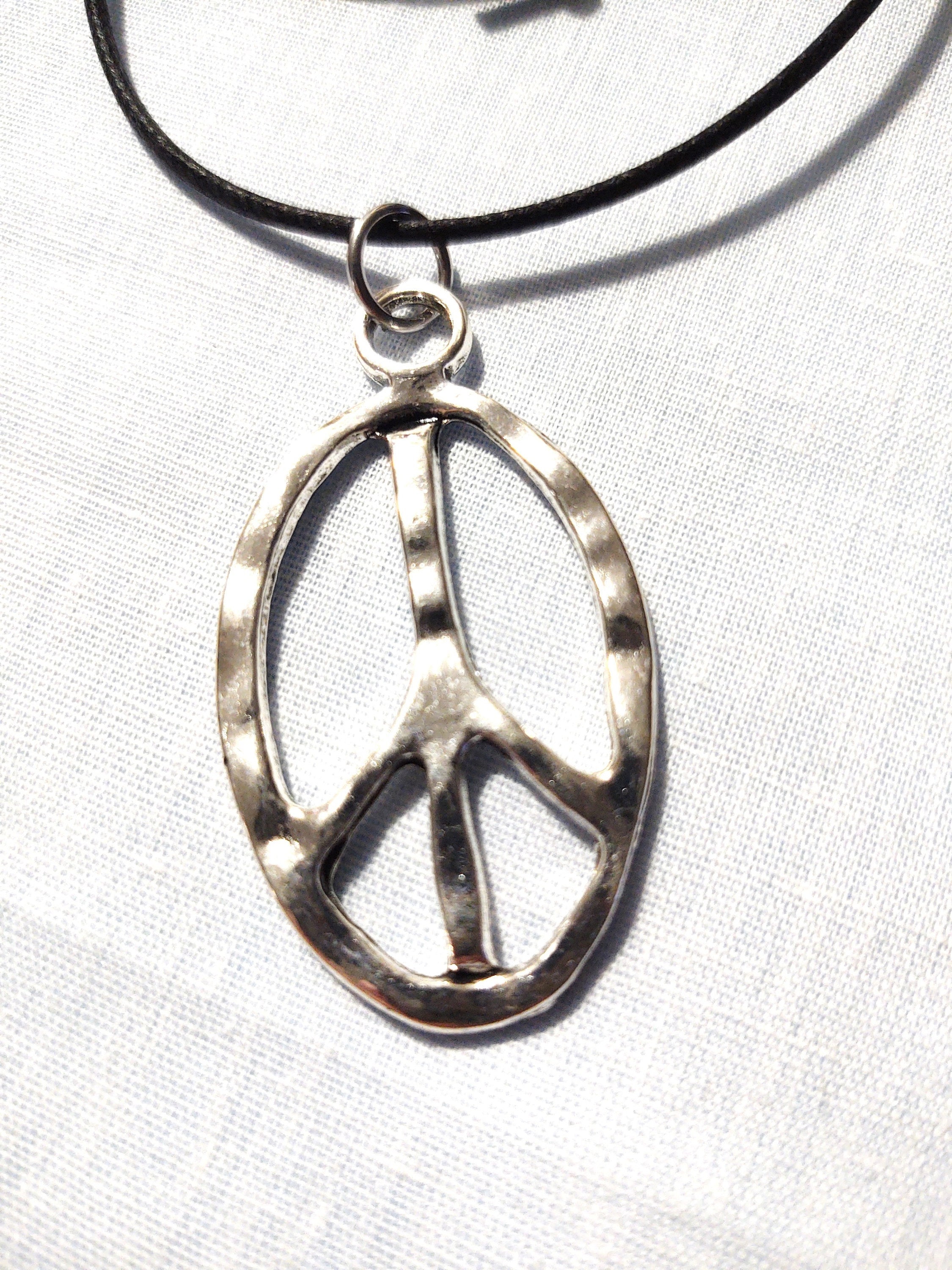 Peace Sign Oval Shape Hammered Look Hippie Style Silver Alloy