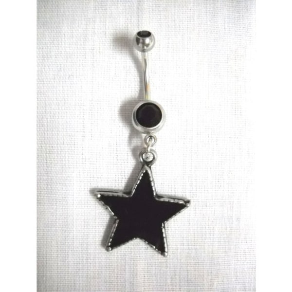 Cast Pewter BLACK STAR - Dark Star - Rock Star on 14g Dazzling Double Black Gem CZ Belly Ring Navel Barbell Dark Side Metal Jewelry