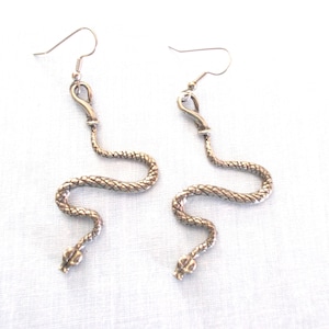 May include: A pair of silver snake earrings with a textured, woven design. The earrings are dangle style with a hook closure.