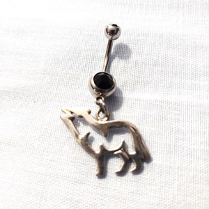 Standing Wolf Howling Sterling Silver Silhouette Charm On Black CZ Stone 14g Belly Ring Navel Jewelry