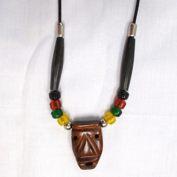 TIKI MAN Mask Islander Carved Exotic Rose Wood Pendant with Rasta Color Glass Beads on Adjustable String Necklace 30"