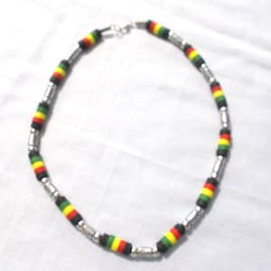 Reggae RASTA Colors Red Green Yellow and Black with Antiqued Textured Tube and Round Spacers Reggae Fashion 18&quot; Necklace