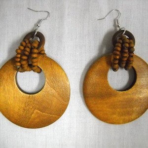 Boho DIRTY BLONDE Wooden Round with 3 Bead Strands Wrap Hand Stained Rustic Bold XL Dangling Real Wood Flat Hoop Fashion Earrings