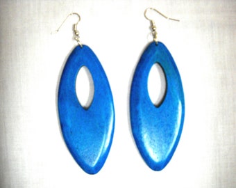 Boho Bold Large Size Hot Rich PACIFIC BLUE Wooden Marquis Peek A Boo Hole Hand Stained Dangling Real Wood Flat Hoop Fashion Earrings