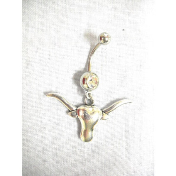 Cowgirl Up Rodeo Silver Alloy Texas Longhorn Head Bull BOVINE SKULL On Dazzling Double Clear Gem CZ 14g Belly Ring Navel Bar Body Jewelry