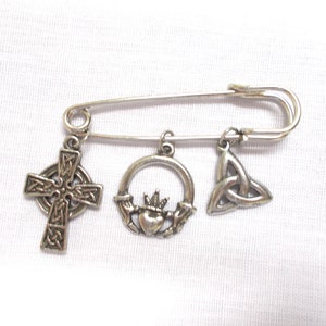 3 Charm CELTIC Cross Tri Knot and Claddagh Pewter Charms on a 2" Safety Pin Brooch