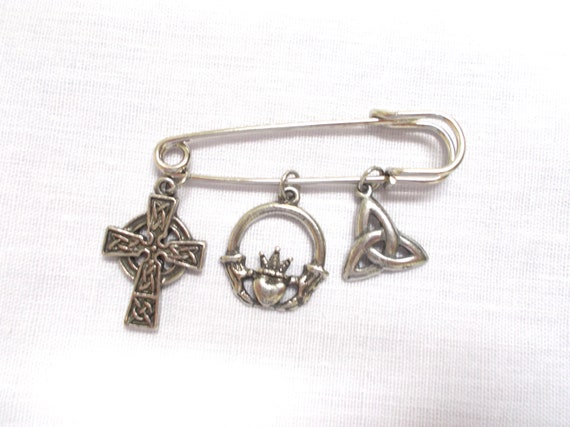 3 Charm CELTIC Cross Tri Knot and Claddagh Pewter Charms on a 2" Safety Pin Brooch