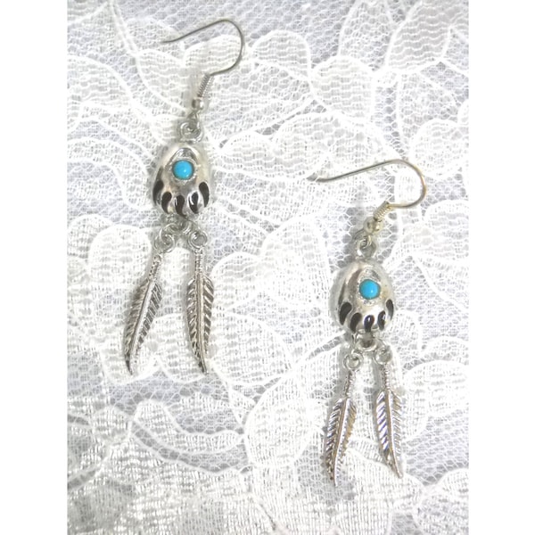 New Native Inspired BEAR CLAW Paw Dream Catcher w 2 Feathers & Blue Gem Hand Cast Chrome Plated Pewter Dangling Fashion Metal Earrings