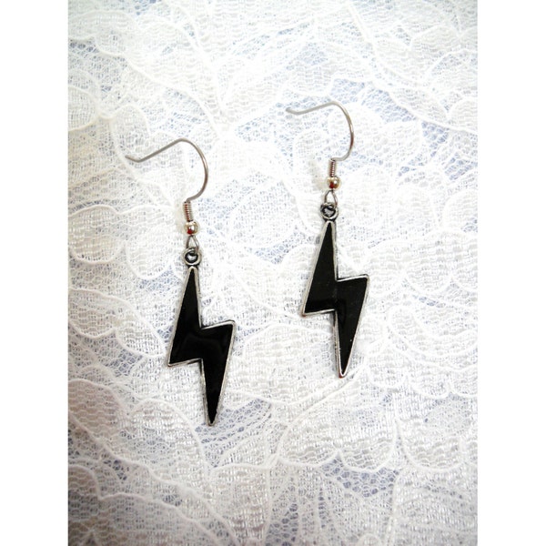 Rock and Roll Ride The LIGHTNING Cool Lightning Bolts with BLACK Inlay Pewter Pendant Size Dangling Earrings Metal Weather Jewelry