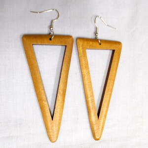 Bohemian LARGE Size DIRTY BLONDE Light Brown Color Triangle Silhouette Shape Wooden Hand Stained Rustic Wood Drop Hoop Style Earrings