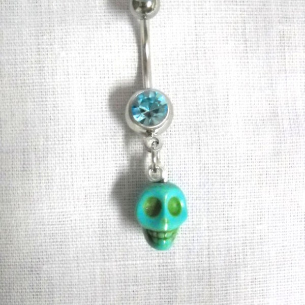 Hand Carved TURQUOISE Gemstone  Human Cranium SKULL Shaped Charm on Double Turquoise Blue cz 14g Navel Barbell Belly Ring Body Jewelry