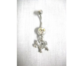 Double Sided Puppy Dog Scotty Terrier Dog Lover Dangling 3D Charm On Dazzling Double Clear CZ Gem 14g Belly Ring Navel Ring Body Jewelry