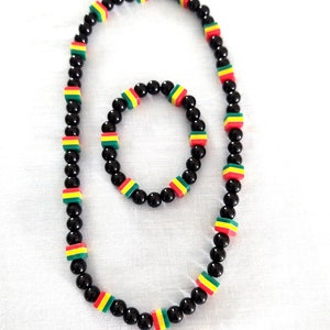 RASTA Color Acrylic Beads in Red Green & Yellow SQUARE and Black Round Spacers Reggae Fashion Necklace and Bracelet Set STRETCH