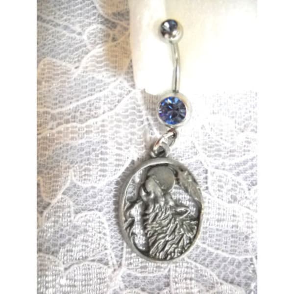 Detailed Howling WOLF HEAD with Moon & Feather in Oval Shape Pewter Charm On Dazzling Double Baby Blue CZ 14g Belly Ring Tribal Gray Wolves