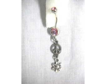 PEACE Sign and Daisy FLOWER Dangling Double Charm On Pastel Pink CZ Gem 14g Belly Ring Navel Barbell