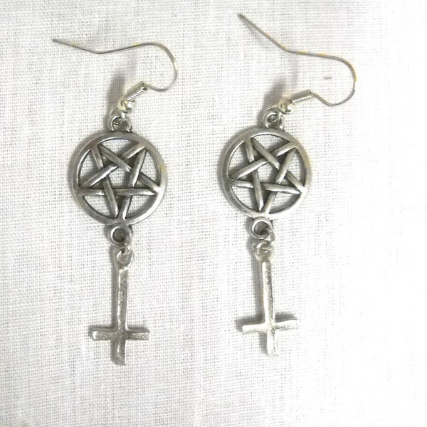 Evil Satanic Occult PENTAGRAM Star & Inverted Cross Charms Alchemist Ritual Double Dangling American Cast Pewter Charm Earrings