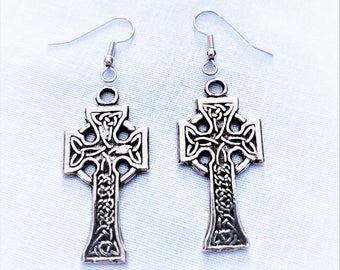 CELTIC Infinity Scroll CROSS with Ring Of Light Cast Pewter Charms Dangling Pair of Earrings